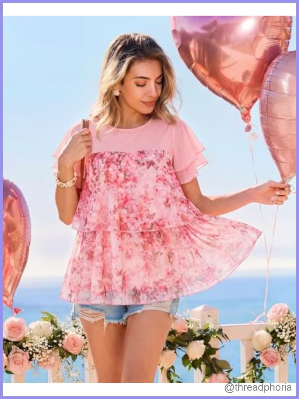 Women's Short Sleeve Tunic Blouse Double Layer Mesh Flowy Babydoll Top - Picture 3 of 6